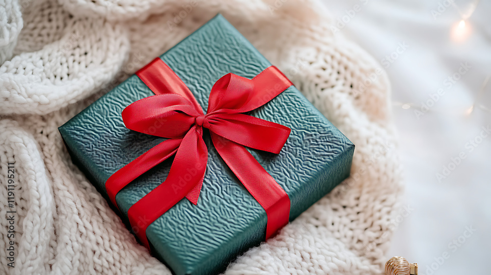 Teal Gift Box with Red Ribbon Teal Gift Box with Red Ribbon