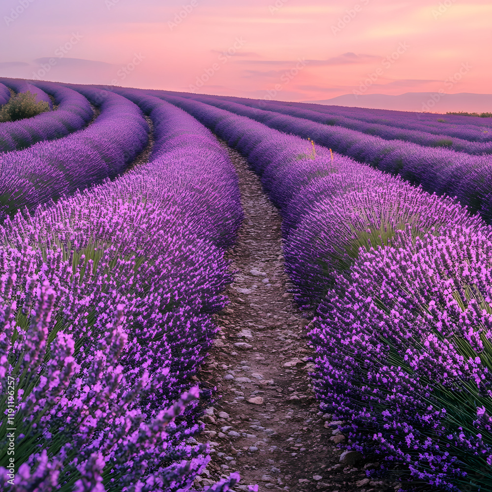 Obraz premium Rows of vibrant purple lavender stretch to the horizon at sunrise, creating a stunning natural landscape.