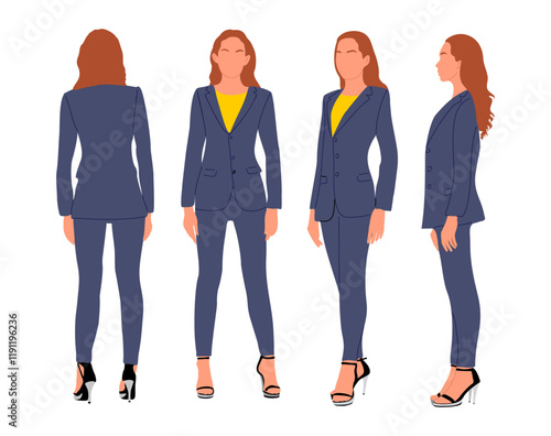 Businesswoman character in different poses. Pretty woman wearing formal blue suit standing, front, back, side view. Young lady boss in office outfit. Vector realistic illustration isolated on white.