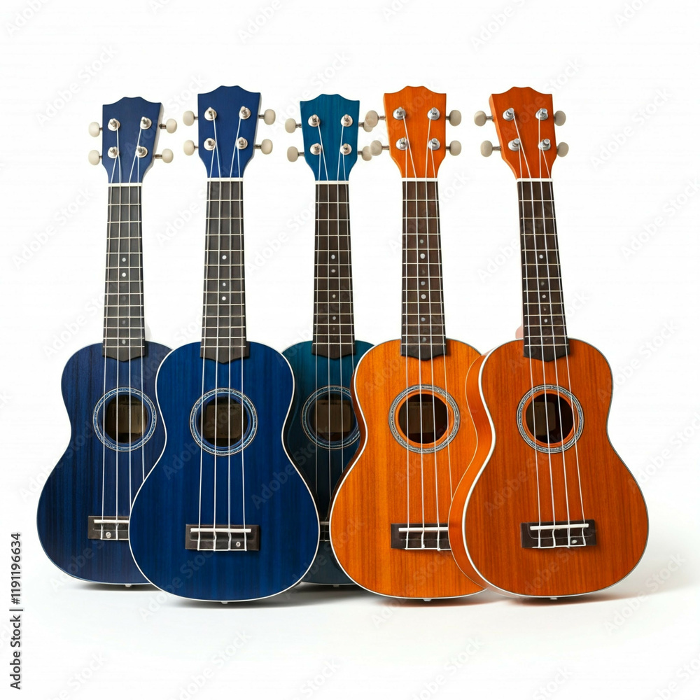 Obraz premium four colorful ukuleles arranged in a row on a white background