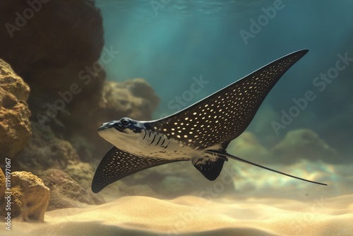 Elegant spotted eagle ray glides over sandy ocean floor