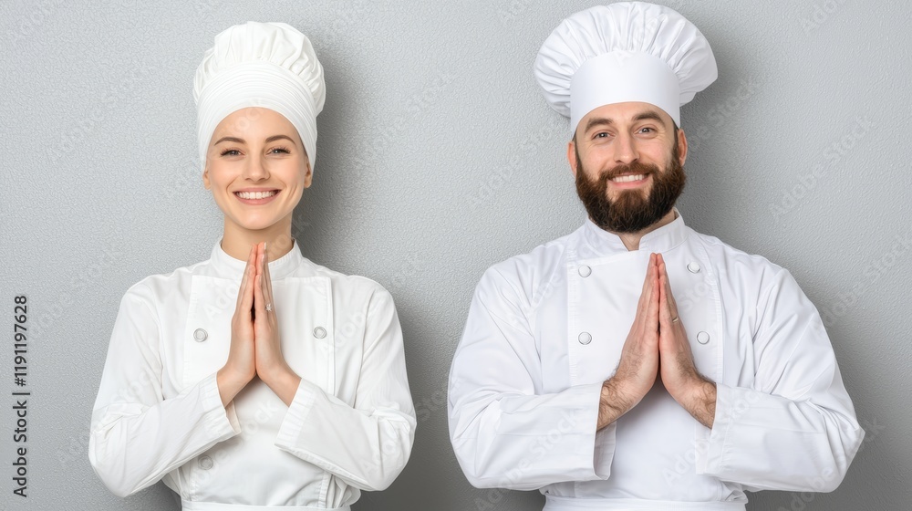 Couple in Chef Uniforms Holding Hands in Prayer Pose Before Cooking Couple in Chef Uniforms Holding Hands in Prayer Pose Before Cooking