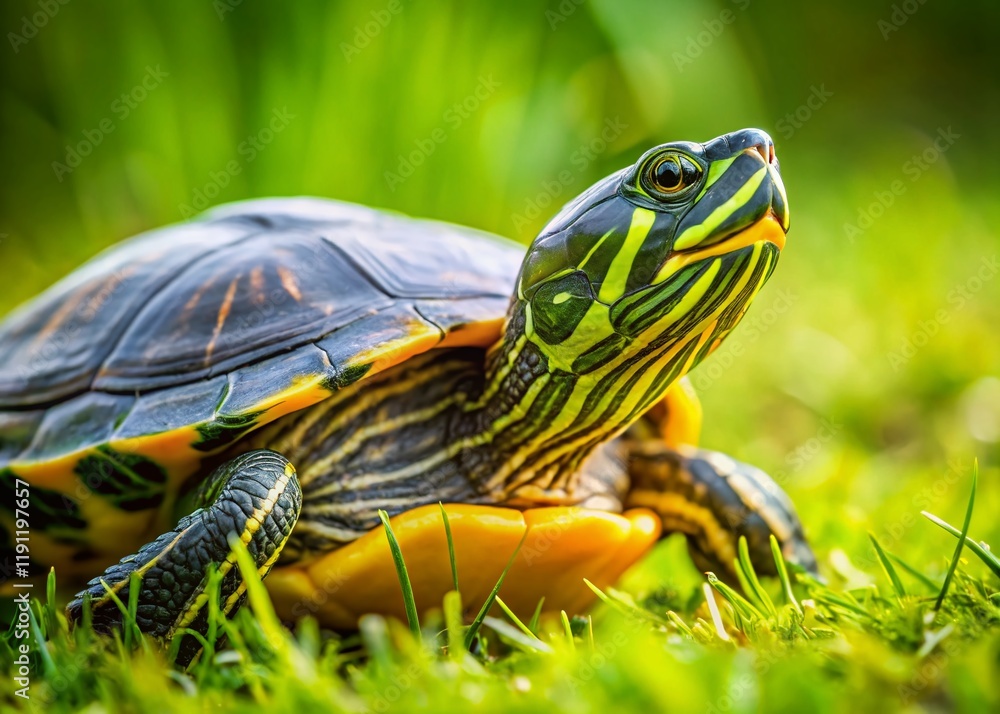 Fototapeta premium Yellow-bellied Slider Turtle Macro Photography on Grass - Brazilian Turtle Close Up