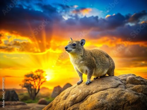 Yellow-Spotted Rock Hyrax on Boulder - African Wildlife Double Exposure Photography