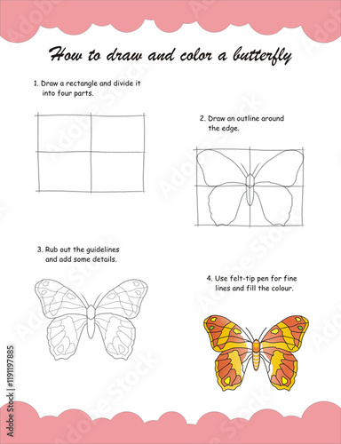 Step-by-step butterfly drawing worksheet. A creative guide teaching the art of drawing and coloring a beautiful butterfly, perfect for kids. Inspire your creativity with this image.