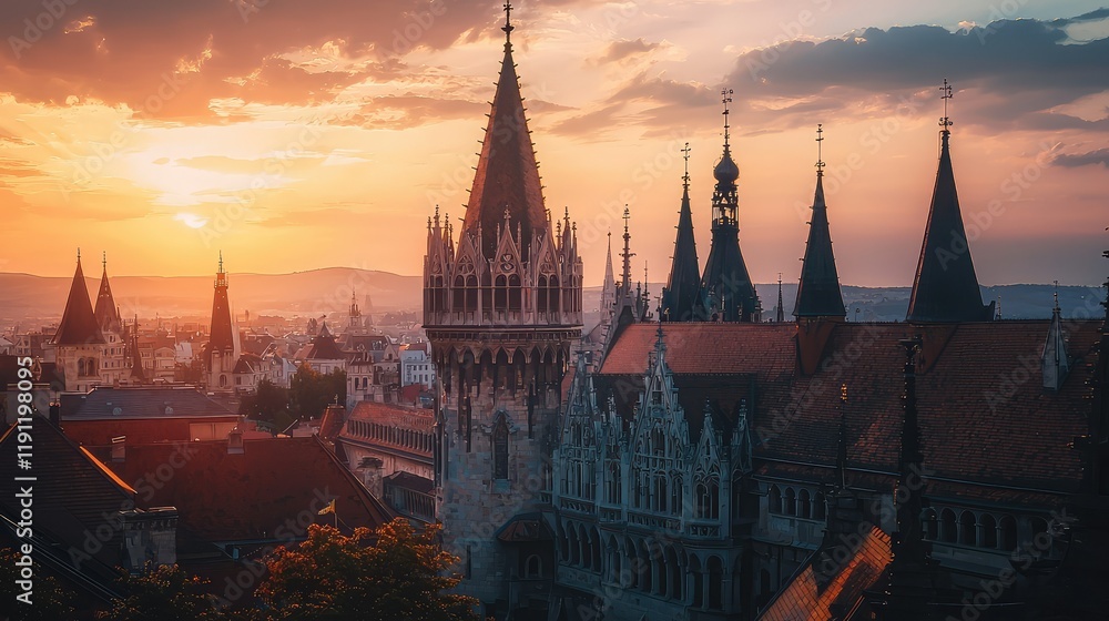 Obraz premium Majestic Gothic Architecture at Sunset Overlooking a Historic Cityscape
