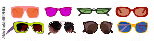 Set of fashion sunglasses different shapes and colors vector art illustrations isolated.
