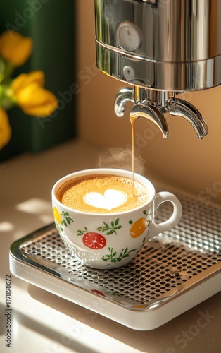 Coffee brewing in colorful cup with heart-shaped foam, bright kitchen setting.