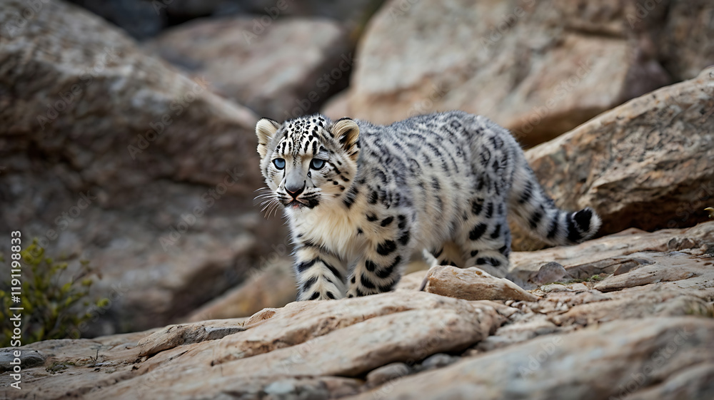 Single snow leopard cub prowling on rocky surface
Single snow leopard cub prowling on rocky surface