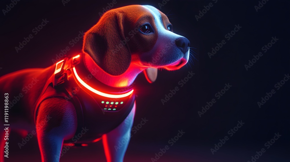 Beagle in Neon Harness with Glowing Lights in Dark Environment Beagle in Neon Harness with Glowing Lights in Dark Environment
