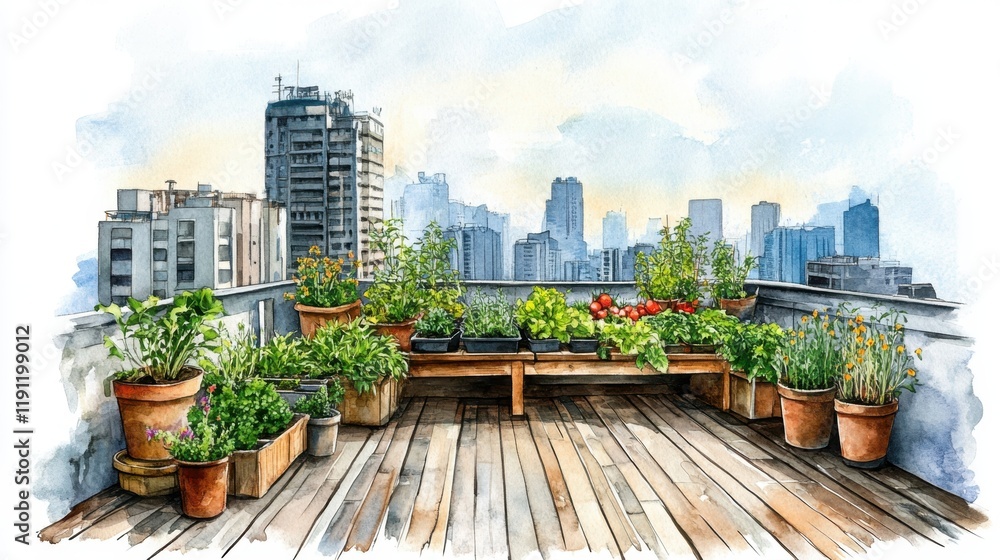 Fototapeta premium Urban Rooftop Garden with Plants and Cityscape