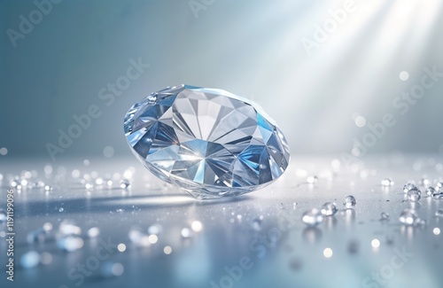 Sparkling diamond jewel lies on sparkling surface. Diamond gleams brilliantly. Luxurious, precious gem. Opulent, exquisite design. High quality gemstone. Clear, flawless cut. Stunning crystal