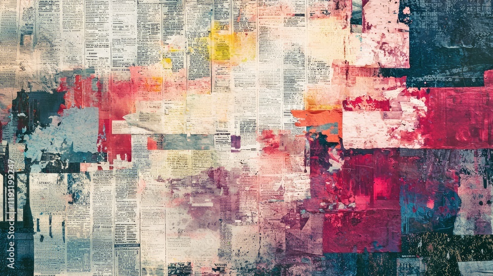 Fototapeta premium Abstract Art Collage with Colorful Texture and Newspaper Clippings