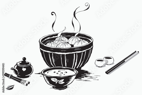 Steaming Dim Sum Basket in Ink Illustration Set