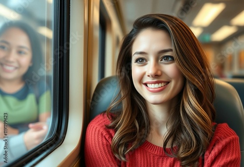 Free Download Portrait of a female passenger on a train, looking out the window - GFXLoad