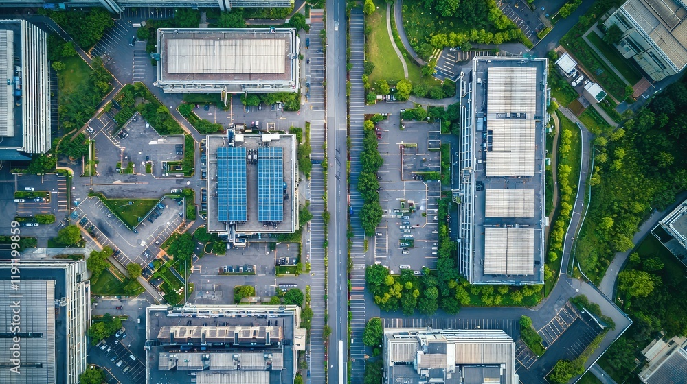 Aerial View of Modern Urban Development with Green Spaces and Parking Aerial View of Modern Urban Development with Green Spaces and Parking