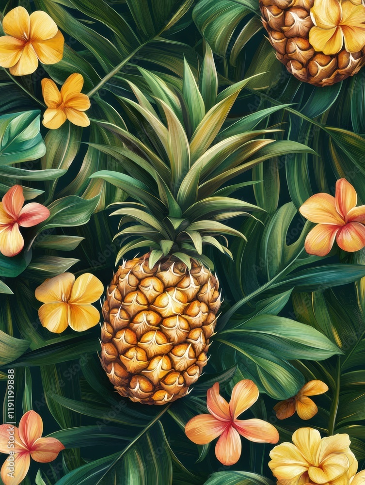 Vibrant tropical seamless pattern featuring pineapples and colorful flowers on dark foliage. Generative AI Vibrant tropical seamless pattern featuring pineapples and colorful flowers on dark foliage. Generative AI