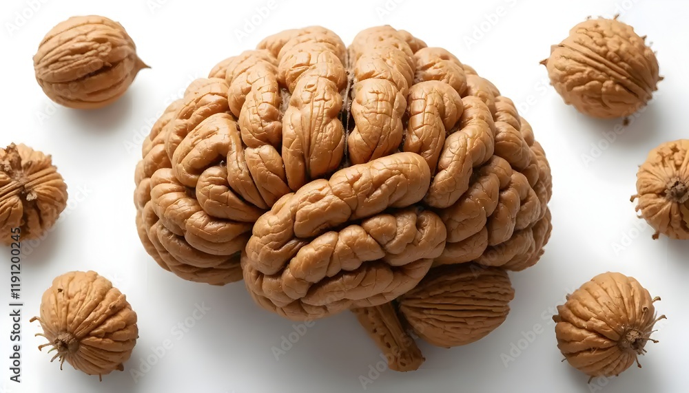 Human brain model crafted with walnut texture surrounded by scattered walnuts on a clean white background Human brain model crafted with walnut texture surrounded by scattered walnuts on a clean white background