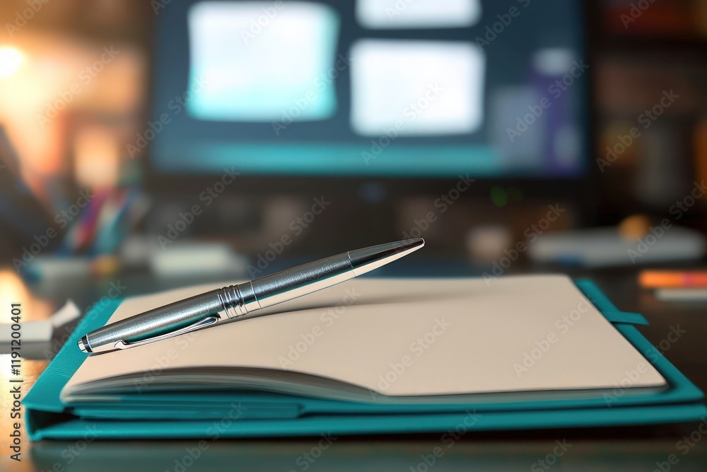 A silver pen balanced on an open teal notebook displaying blank pages