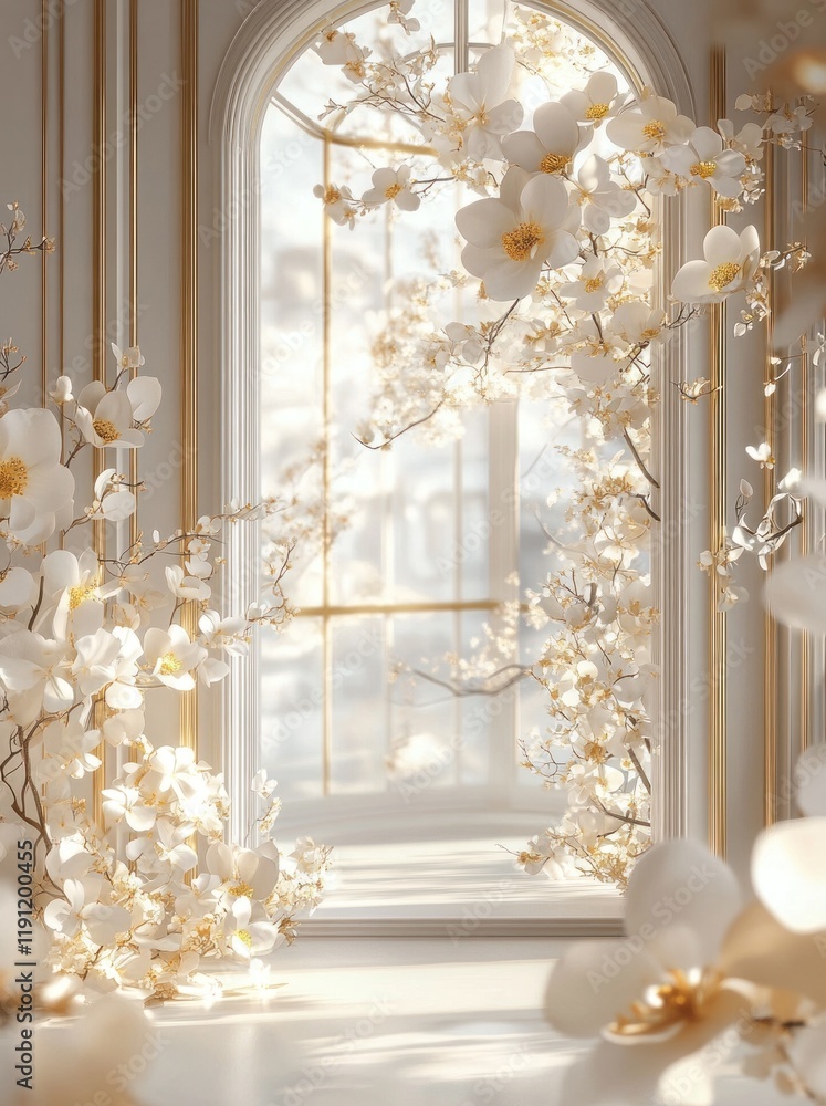 Elegant orchids frame arched window, sunlight, interior, floral backdrop, wedding Elegant orchids frame arched window, sunlight, interior, floral backdrop, wedding