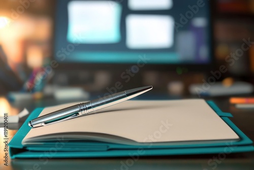 Obraz na płótnie A silver pen balanced on an open teal notebook displaying blank pages w salonie