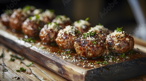 Plump sausage stuffed mushrooms on a rustic wood board, with a light sprinkle of parmesan cheese and herbs for a beautiful party platter photo