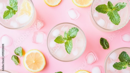 Refreshing Summer Cocktail with Mint, Lemon Slices and Ice Cubes on Pink Background Featuring Vibrant Colors and Inviting Atmosphere photo