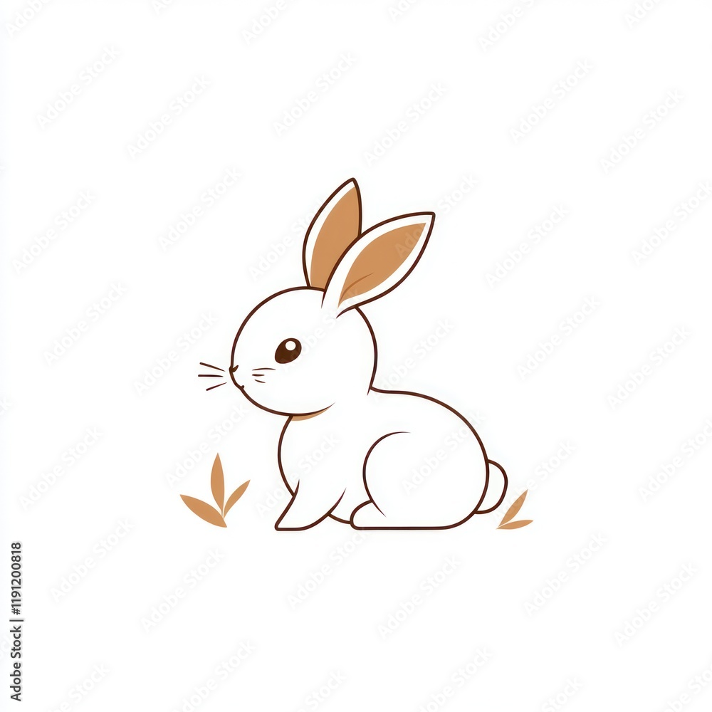 Cute white bunny sitting in grass, simple illustration, children's book Cute white bunny sitting in grass, simple illustration, children's book