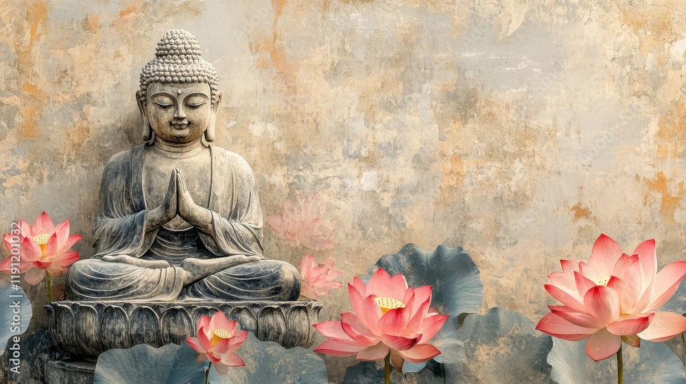 Obraz premium Serene Buddha Statue with Lotus Flowers in Tranquil Setting