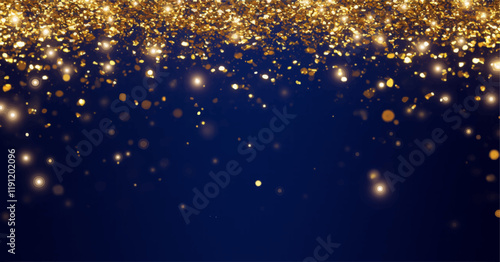 abstract background with Dark blue and gold particle. Christmas Golden light shine particles bokeh on navy blue background. Gold foil texture. Holiday concept.