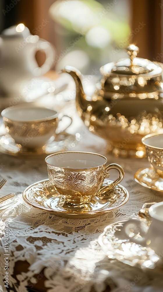 Fototapeta premium Elegant Golden Tea Set on Lace Tablecloth Amid Natural Light
