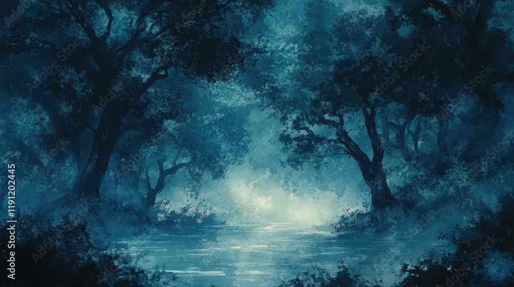 Mystical Forest with Tranquil Water Reflection