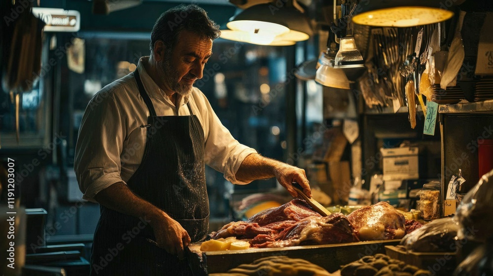 Butcher Carefully Cuts Meat In A Dimly Lit Shop Butcher Carefully Cuts Meat In A Dimly Lit Shop