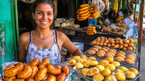 Smiling Vendor at a Street Food Market photo