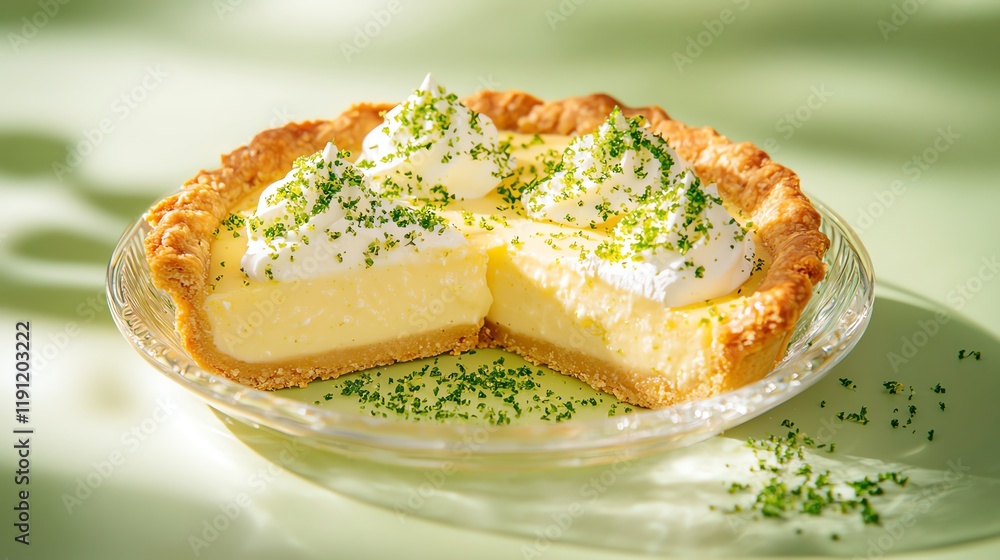 Lemon pie slice with whipped cream and garnish on a glass plate. Lemon pie slice with whipped cream and garnish on a glass plate.
