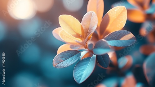 Illuminated Teal and Golden Plant Leaves Close Up