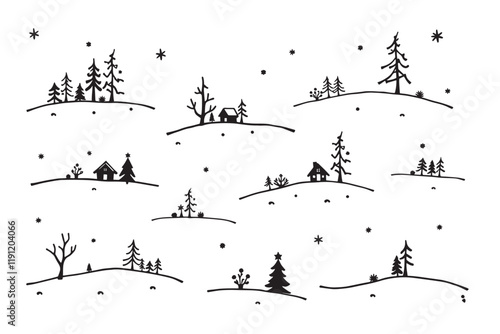 Tiny Winter Landscapes Ink Art Set, Miniature Snowy Landscapes, Winter Scenery Ink Illustrations, Minimalist Snowy Hills and Trees, Simple Winter Art, Tiny Houses and Stars