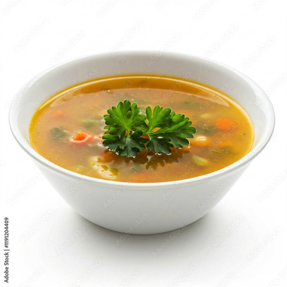 freshly made vegetable soup in white bowl with parsley garnish on white background freshly made vegetable soup in white bowl with parsley garnish on white background