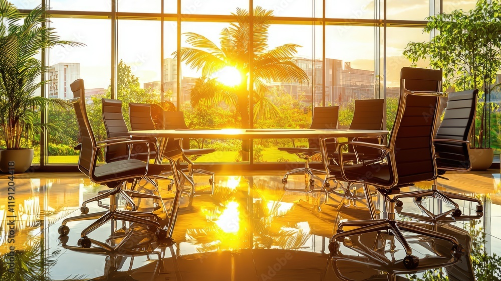 Modern Conference Room with Sunset View and Reflective Surface Modern Conference Room with Sunset View and Reflective Surface