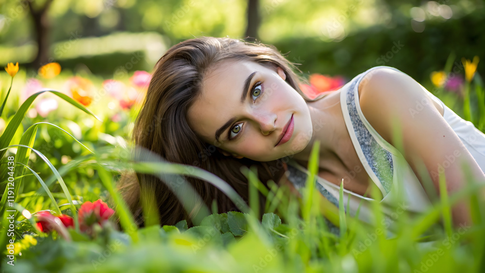 Smiling young woman relaxing on the green grass in a summer meadow Smiling young woman relaxing on the green grass in a summer meadow
