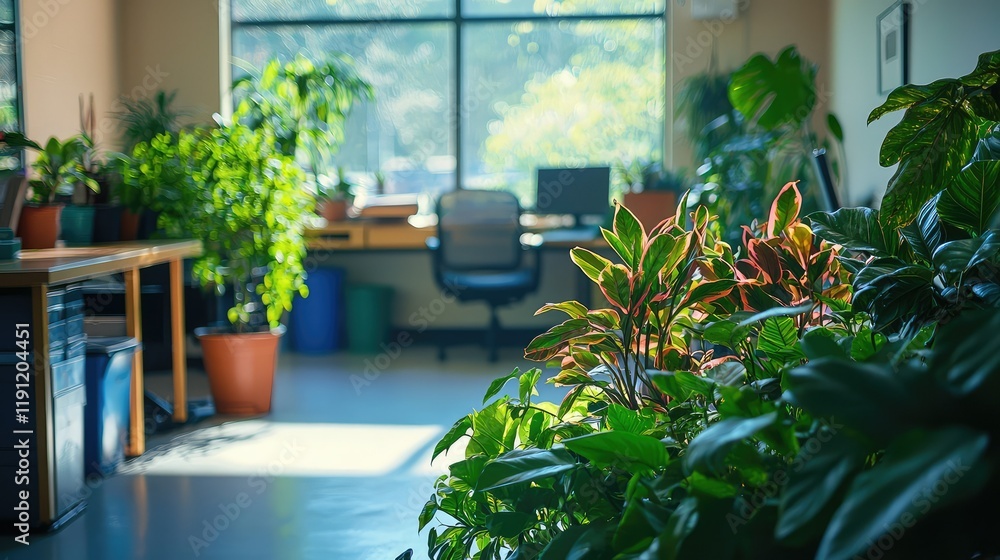 Fototapeta premium Lush Green Plants in Bright Office Environment with Natural Light
