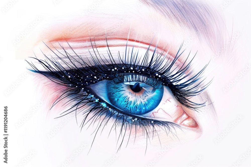 Fototapeta premium Beauty female blue eye with curl long false eyelashes macro shot over white background