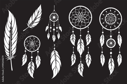Hand-drawn Feathers and Dreamcatchers in Ink, Bohemian Symbolism for Personal Expression, Elegant Nature-inspired Designs Ideal for Tattoos and Decorations
