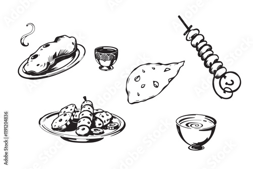 Black and White Ink Indian Cuisine Art Set