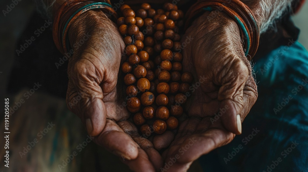 Elderly Hands Gently Holding Wooden Prayer Beads Elderly Hands Gently Holding Wooden Prayer Beads