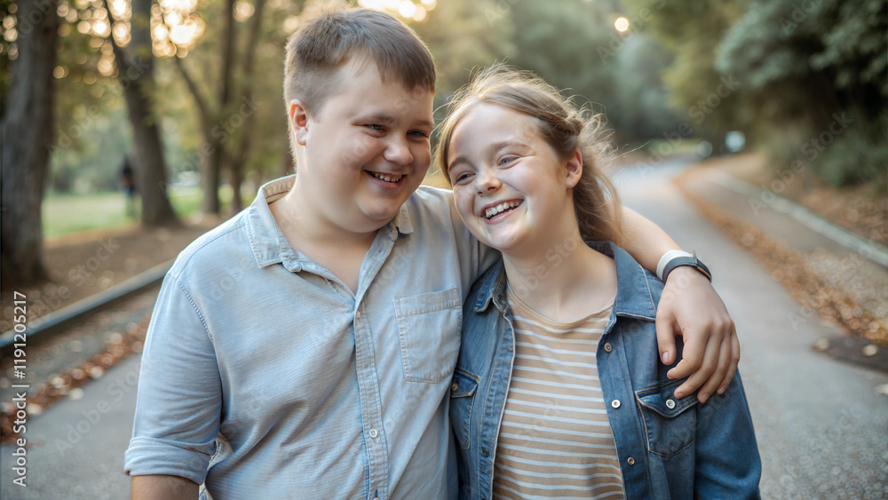 Fototapeta premium Happy couple with Down syndrome member walking in park