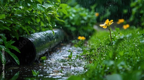 Rainy Day in a Lush Garden with Yellow Flower and Pipe photo