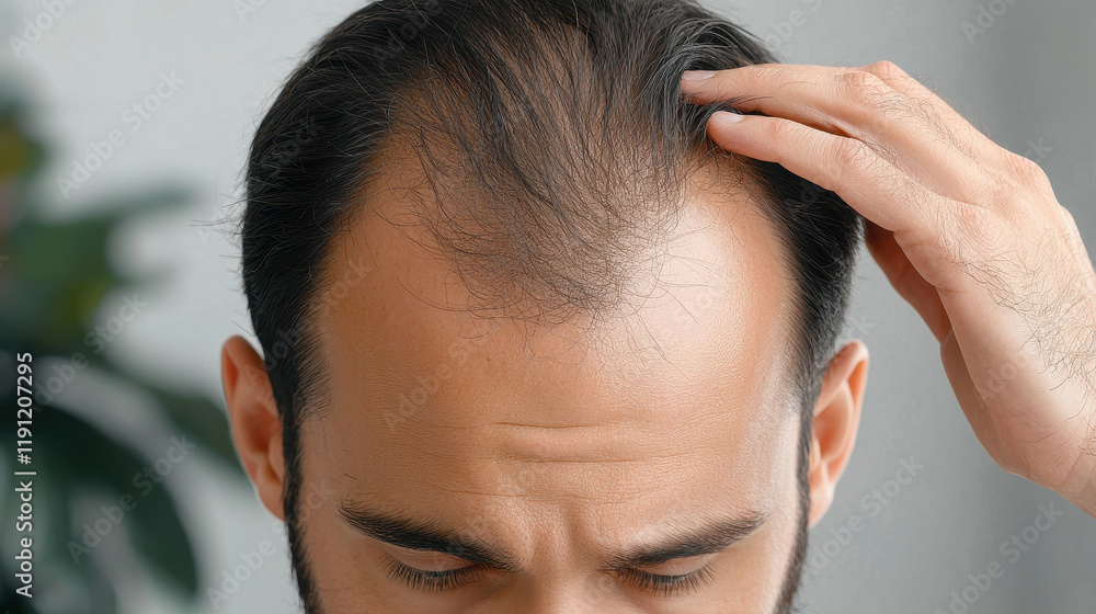 Man with thinning dark hair examining scalp with hand, showing concern about hair loss Man with thinning dark hair examining scalp with hand, showing concern about hair loss