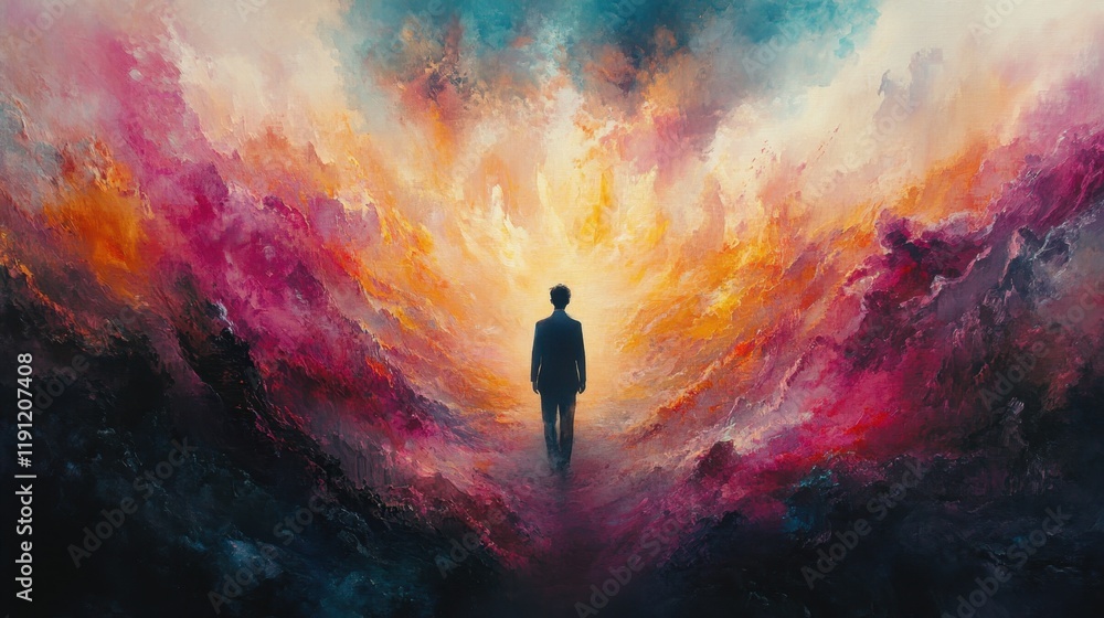 Man Walking Towards Colorful Abstract Landscape Man Walking Towards Colorful Abstract Landscape