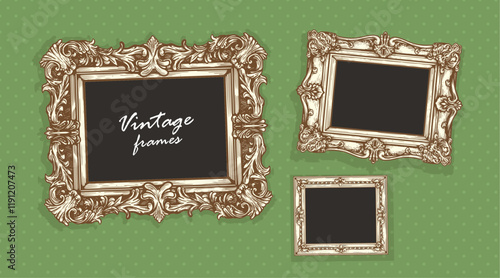 Vintage hand drawn sketch golden picture frames on dotted wall background. Empty photo design template. Vector illustration.
